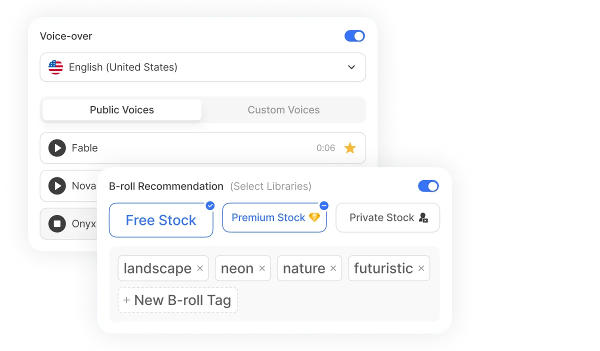 AI Video Generator automatically adding footage, music, and AI voiceover to video